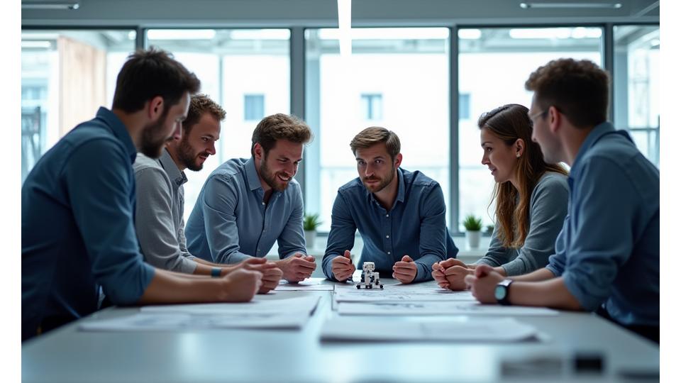 A diverse team of engineers and designers collaborating around a prototype robot, symbolizing innovation and human connection.