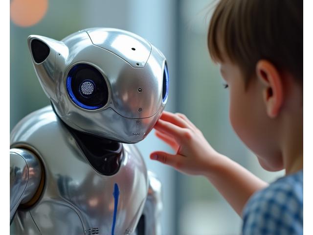 Close-up of Aura robot, a sleek metallic animal-like companion robot interacting with a child.