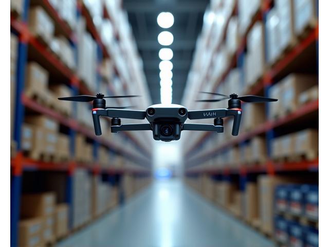 Robotic drone inspecting a warehouse aisle